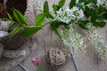 Knitted handmade basket crochet, hooks, colored accessories for knitting, branch with cherry blossom and jute rope. Top view, flat