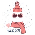 Knitted hat, sunglasses, muffler illustration Royalty Free Stock Photo