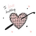 A knitted heart with a crochet hook. I love knitting. Vector Royalty Free Stock Photo