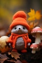 a knitted hedgehog wearing an orange sweater and hat