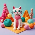 Knitted homemade cat surrounded by balls of wool.