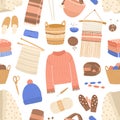 Knitted items flat vector seamless pattern. Knitting and sewing tools texture. Woolen clothes and handmade accessories