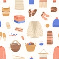 Knitted items vector seamless pattern. Cute and warm winter clothes backdrop. Skein of wool, knitting needles, yarn Royalty Free Stock Photo