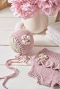 Knitted kids clothes and accessories for knitting. Needlework and knitting. Hobbies and creativity. Knit for children. Handmade