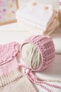 Knitted kids clothes and accessories for knitting. Needlework and knitting. Hobbies and creativity. Knit for children. Handmade