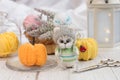 a knitted kitten with knitting needles and orange pumpkins, colored balls of thread in a basket. Royalty Free Stock Photo