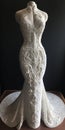 Knitted lace wedding dress with hand-embroidered beads. Generative AI