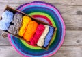 Knitted mat and colorful skeins of wollen yarn