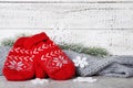 Knitted mittens with grey scarf Royalty Free Stock Photo