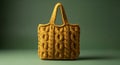 Knitted mustard tote bag featuring beautiful cable knit pattern and texture standing on a green surface with minimalist studio Royalty Free Stock Photo