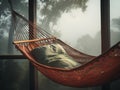 Knitted orange hammock with green cushion, on a veranda with a view over peaceful hazy landscape. Summer chalet. Generative AI