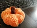 Knitted orange pumpkin on laptop