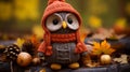 a knitted owl wearing an orange hat and scarf Royalty Free Stock Photo
