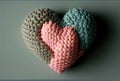 Knitted pink, blue and gray heart. Valentine's Day Postcard Royalty Free Stock Photo