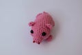 Knitted pink pig with crimson vest on white background, mini pig, handmade, toys