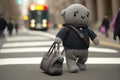 Knitted plush buddy in business style walks around New York with his bag