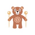 Knitted plush toy with cartoon bear illustration, knitting needles and ball of thread. Isolated vector drawing.