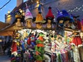 Knitted product made of wool hat and handmade mittens hats scarves jumpers on Christmas market place handcraft om Old Town Of T