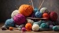 Knitted scarves and needles: colorful wool balls and needlework