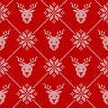 Knitted seamless pattern with deers and scandinavian ornament. Christmas background Royalty Free Stock Photo