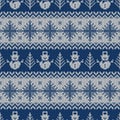 Knitted seamless pattern with snowmen and snowflakes. Royalty Free Stock Photo