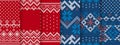 Knitted seamless patterns. Holiday fair isle traditional ornament. Christmas print. Set Xmas winter geometric background Royalty Free Stock Photo