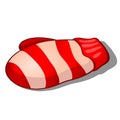 Knitted striped cartoon mitten in red and white color isolated on white background. Vector cartoon close-up illustration.
