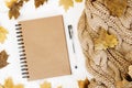 Knitted sweater, notebook, autumn maple leaves on white background. Autumn composition. Flat lay, top