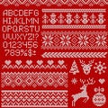 Knitted sweater patterns, elements and letters. Vector set