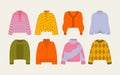 Knitted sweaters. Cartoon women wearing wool cardigan, soft pullover comfortable winter clothing, spring autumn warm