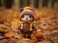 a knitted teddy bear in a brown coat and hat standing in a pile of fallen leaves