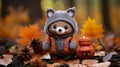 a knitted teddy bear wearing an autumn outfit