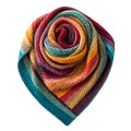 Knitted triangular scarf with rainbow stripes and rolled center on white background image photo Royalty Free Stock Photo