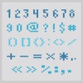 Knitted vector alphabet, blue small sans serif numbers and punctuation.