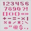 Knitted vector alphabet, red bold sans serif numbers and punctuation.