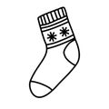 Knitted warm sock with snowflakes and stripes, doodle style flat vector outline for coloring book