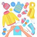 Knitted winter and autumn clothes set, isolated on white background. Knits woman, top view vector cartoon illustration
