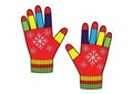 Knitted winter gloves with snowflakes isolated on white background. Gloves with multicolored fingers