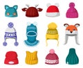 Knitted winter hats. Kids knit warm headwear, autumn and winter accessories isolated vector illustration icons set Royalty Free Stock Photo