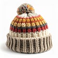 Knitted Wool Striped Winter Hat with Pom Pom Against White Background Close Up Royalty Free Stock Photo