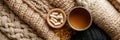 Knitted Wool Textures Surround a Warm Cup of Tea and Vitamins on a Cozy Surface in a Tranquil Setting During a Quiet Royalty Free Stock Photo