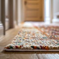 Knitted woolen carpet on the floor in the room. Selective focus.