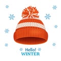 Knitted Woolen Hat for Winter Season Card. Vector