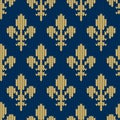 Knitted woolen pattern with heraldic golden royal lilies on blue