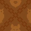 Knitted woolen pattern with intersection of chains, owl and wild boar in shades of brown