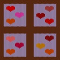 Knitted woolen seamless pattern with colored hearts in vintage purple squares