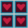 Knitted woolen seamless pattern with purple hearts in vintage brown squares