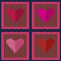 Knitted woolen seamless pattern with pink hearts in light brown squares