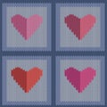 Knitted woolen seamless pattern with pink hearts in vintage blue squares