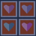Knitted woolen seamless pattern with purple hearts in vintage brown squares